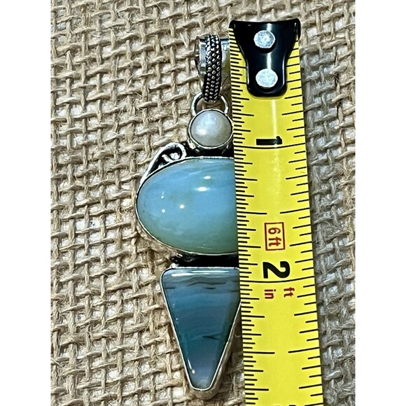 Artisan Signed Larimar & Pearl Sterling Silver Pendant Boho Southwestern - Picture 8 of 10